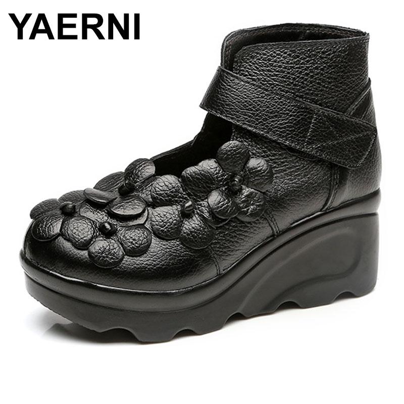 

YAERNI 2020 Handmade new ethnic style women's boots slope and leather women's shoes retro handmade flowers mother boots E387, Black