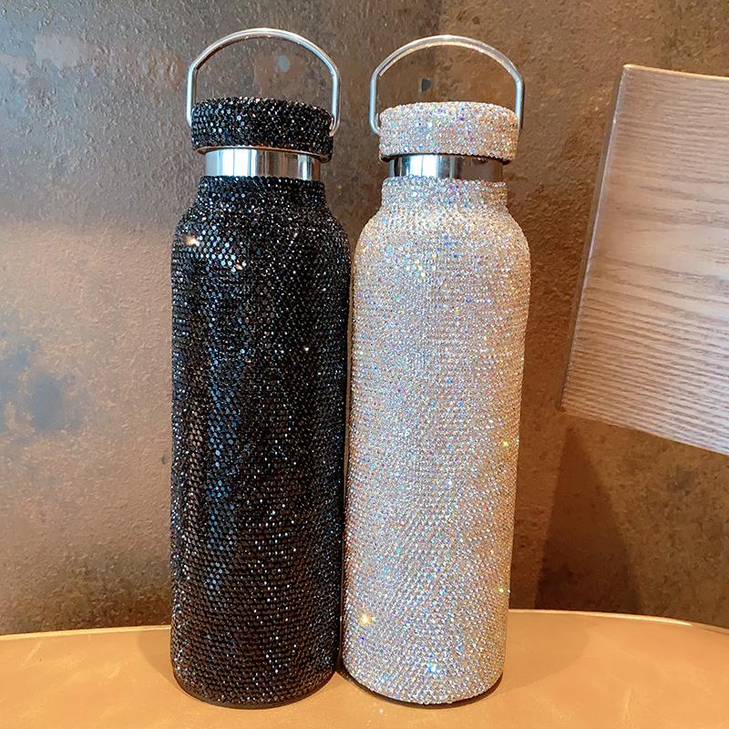 

Black Silver 600ml Flash Diamond Water Bottles tumbler Luxury Insulation Cup Stainless Steel Full Rhinestone Portable Water Mug Girls Gifts