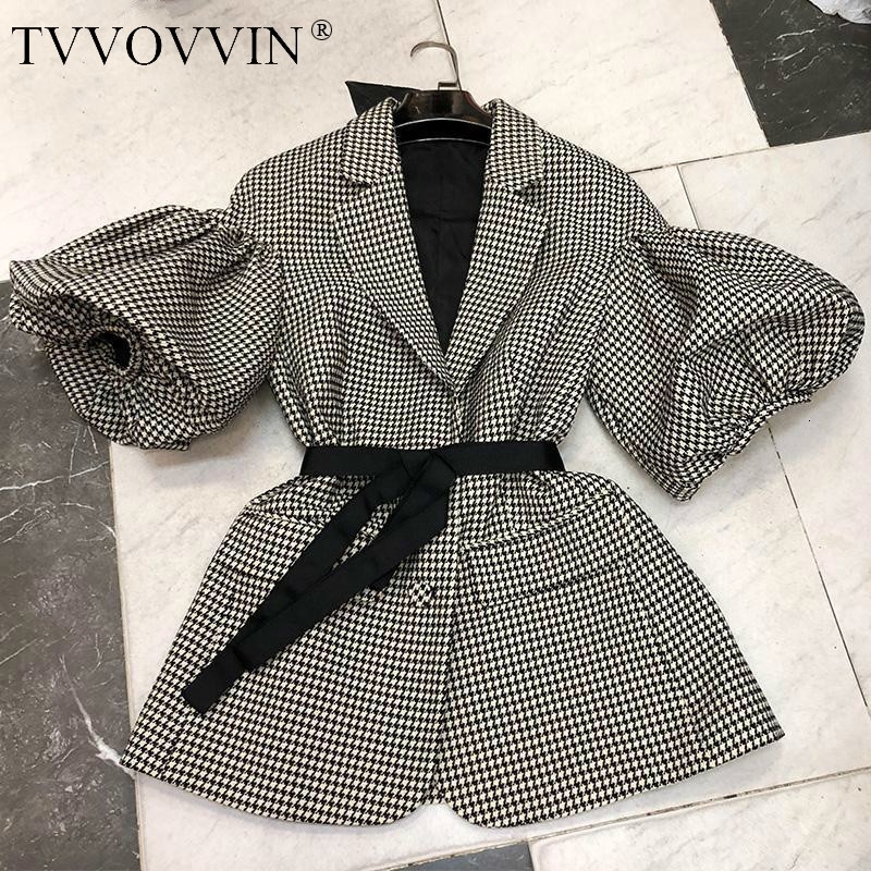 

TVVOVVIN Blazer Single Breasted Puff Sleeve Plaid Ladies Blazer Coat Retro Lace Up Women's Slim Suit Jacket Autumn B318 201114