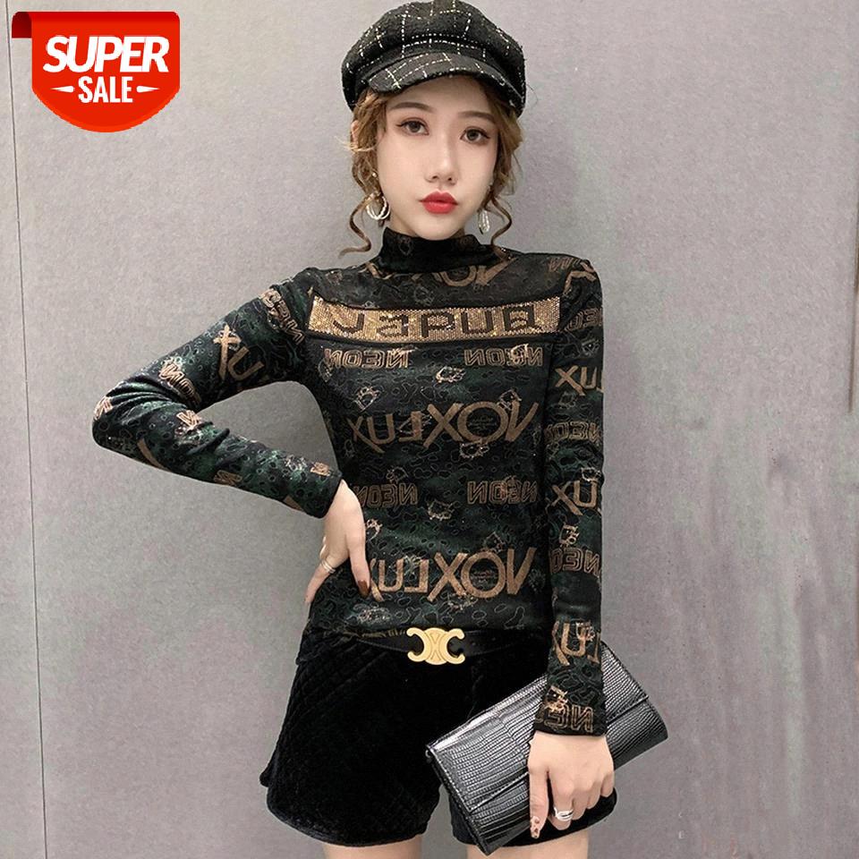 

2021 New Long Sleeve T-shirt Women Clothes Letter Printing Fashion Hot Drilling Turtleneck Blouse Shirt Pullovers #R31t, White