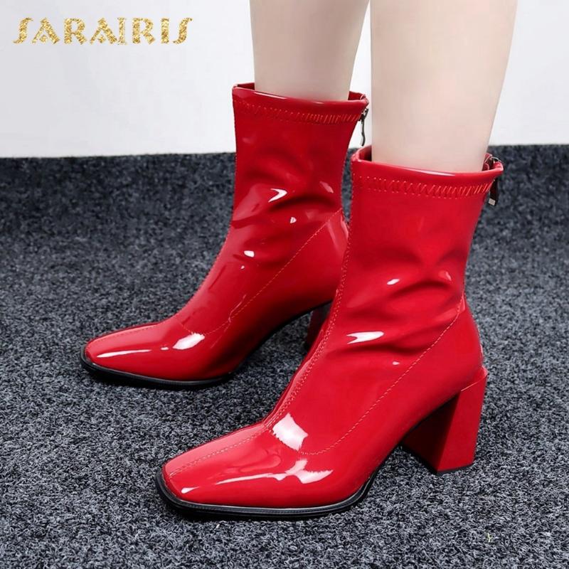 

Sarairis 2020 New Arrivals Square Toe Ankle Boots Women Shoes Chunky High Heels Zip Up Concise Elegant Spring Boots Ladies, Black