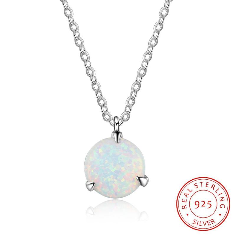 

Gentle Necklaces Pendants for Women 925 Sterling Silver Round White Fire Opal Necklace Anniversary Silver Necklace 925 Jewelry