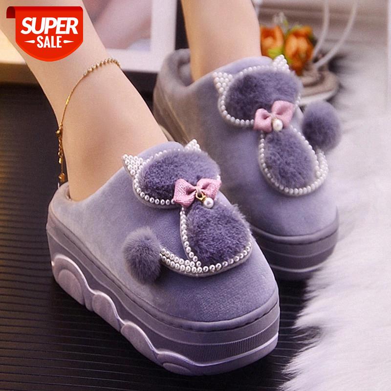 

High Quality Women Winter Slippers Platform Warm Home Slippers Cartoon Pearl Female Shoes Short Plush Furry Slides for Woman #hB5T, Black