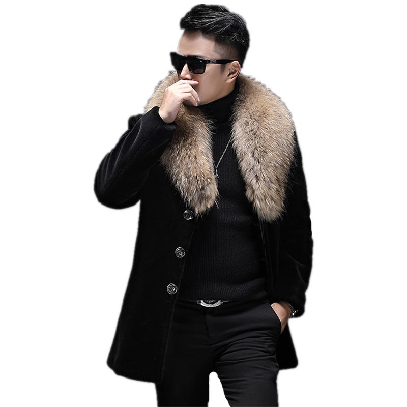 

Men's Winter Jacket Real Sheep Shearling Coats Raccoon Fur Collar Wool Coat Plus Size Chaqueta Hombre MY1653, Black
