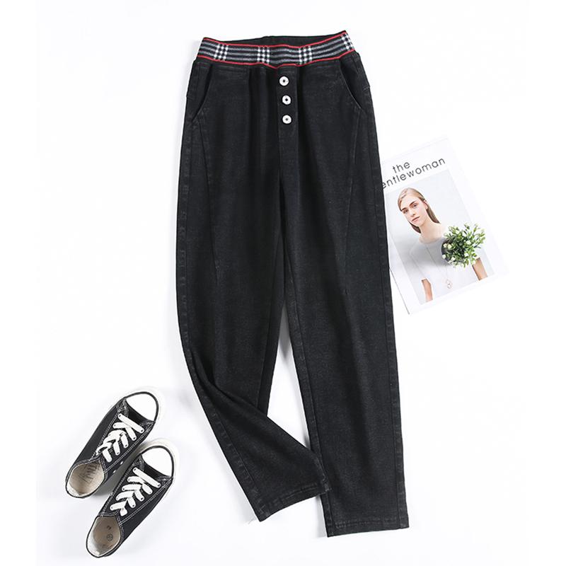 

Autumn stretch women's jeans high waist loose cusaul elastic waist harem pants mujer ankle length buttons plus size snow black