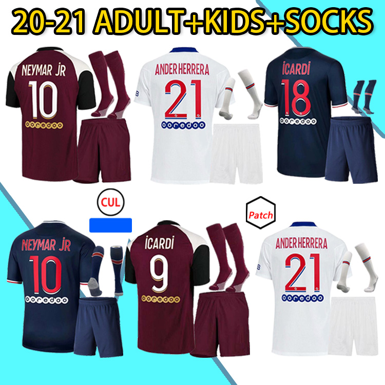 

2021 2020 Soccer Jersey MBAPPE NEYMARJR ICARDI DI MARIA CAVANI DRAXLER MARQUINHOS 20 21 High-quality Adult Kids Kit+Socks Football Shirt, Third adult patch 2