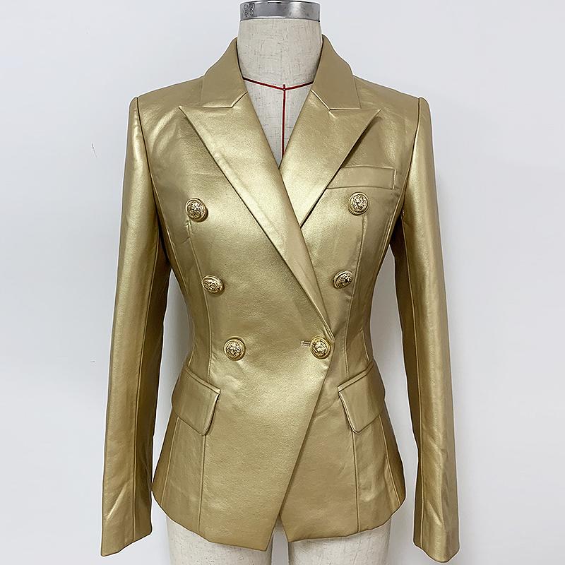 

HIGH STREET Newest 2020 Designer Stylish Blazer Women' Lion Buttons Gold Leather Blazer Jacket, As pic