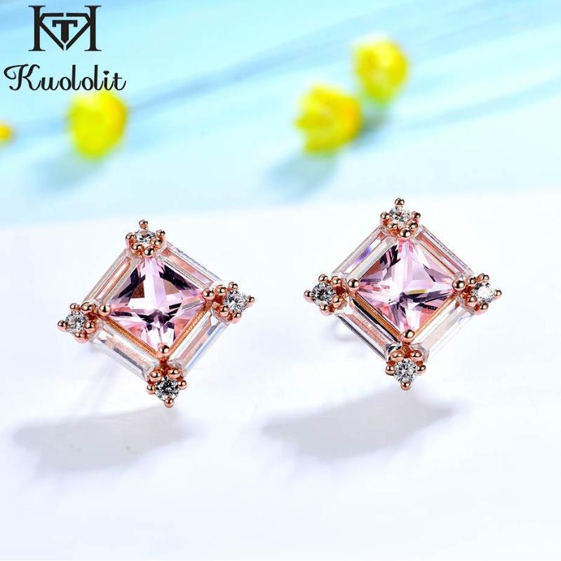 

Stud Kuololit Pink Tourmaline Gemstone Earrings For Women Girls Solid 925 Sterling Silver Wedding Christmas Fine Jewelry Trend, Golden;silver