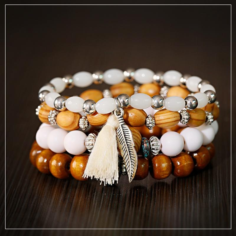 

Summer Multilayer Bracelet Bohemia Ethnic Women's Wood Beads Vintage Charm Tassel Leaf Bracelet Jewelry For Ladies Bileklik