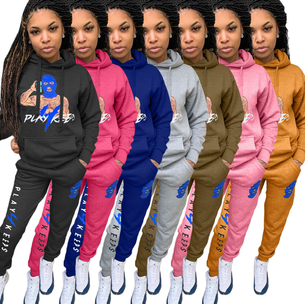 

Women Tracksuits 2 Piece Fashion Solid Colour Cartoons Letter Printed Hooded Pullover Trousers Sweater Outfits Ladies Casual Sportswear p886, Gray