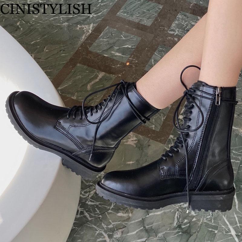 

Women Motorcycle Mid-Calf Boot High Quality Microfiber Leather Ladies Short Shoes Female British 2020 New Fashion Design, Black