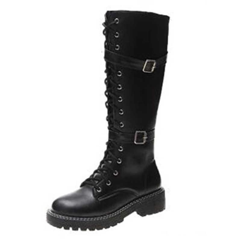 

2021 New Women Hot Winter Leather Knee High Fashion Ride Buckled Rent Up Military Combat Long -42 Boots CNXI, Black