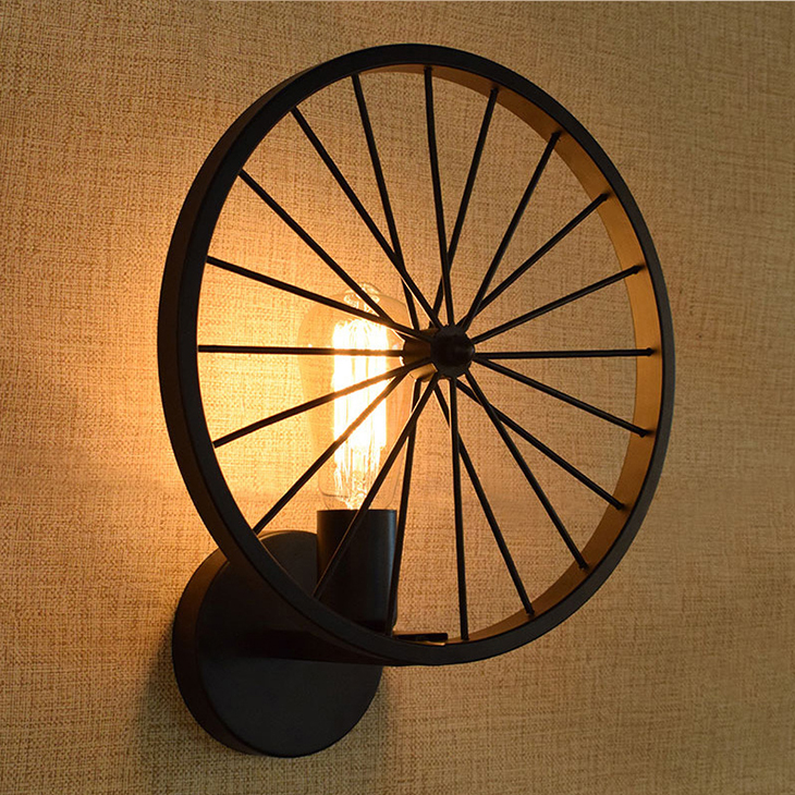 Single Head Iron Bicycle Wheel Wall Lamps Inomhus Väggbelysning Fixtur för levande matsal Hemma Ljus Industrial Style