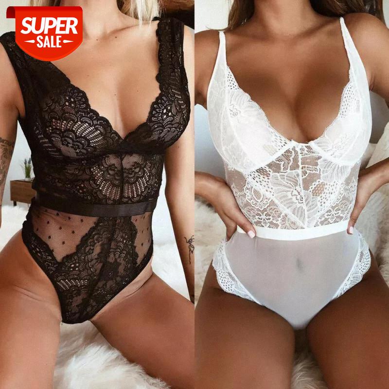 

New Womens Sexy Lace Bodysuit Sexy Lingerie Sleeveless V Neck Stretch Leotard One-piece Pajamas #7Q8F, Black;white