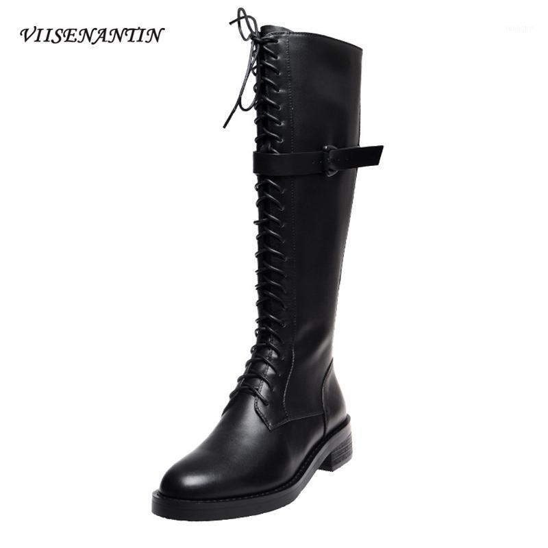 

Autumn Winter New Genuine Leather Lace-up Thick Heel Belt Buckle Decor Handsome Knight Boots Women Mid-calf Motorcycle Boots1, Black