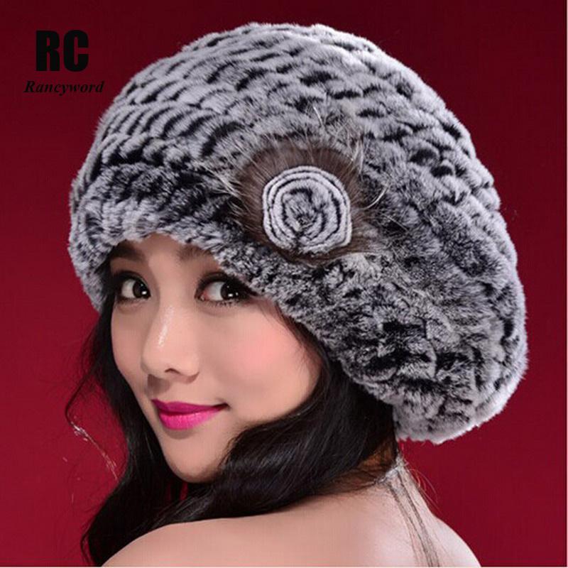 

Rancyword] Russia Genuine Rex Fur Beanies Hats Women's Winter Hat Warm Casual Female Knitted Natural Fur Hat Caps RC1300, White