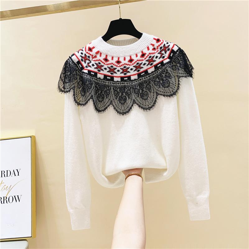 

Lace Patchwork Print Pullover O Neck Sweater Women' Autumn and Winter 2020 New Fashion, White