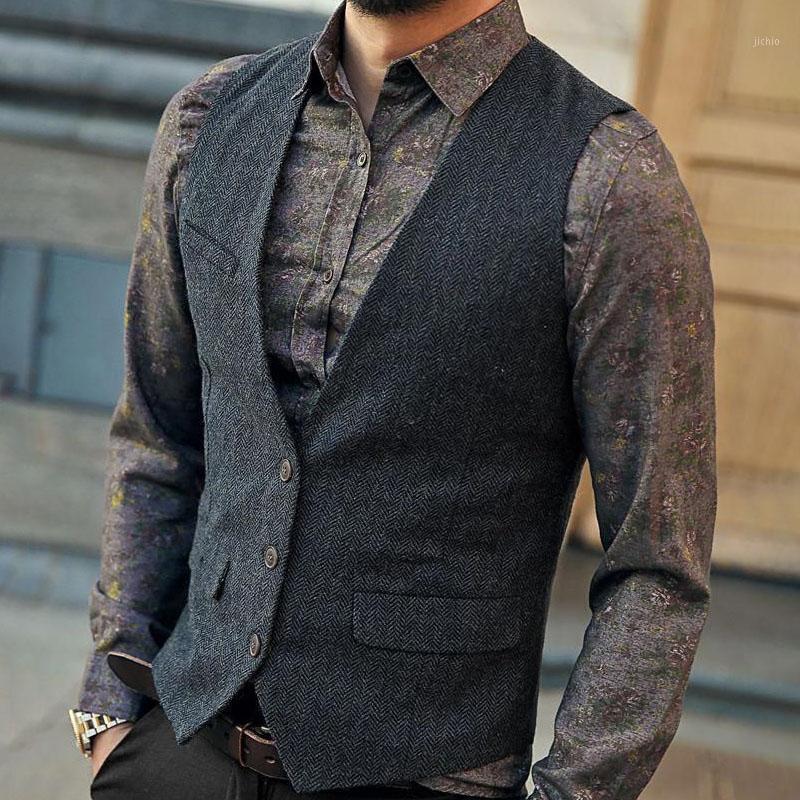 

Men' Gray Herringbone Tweed Dress Vest Retro Vintage Gentleman Waistcoat Men Formal Business Sleeveless Vests Male Gilet 3XL1