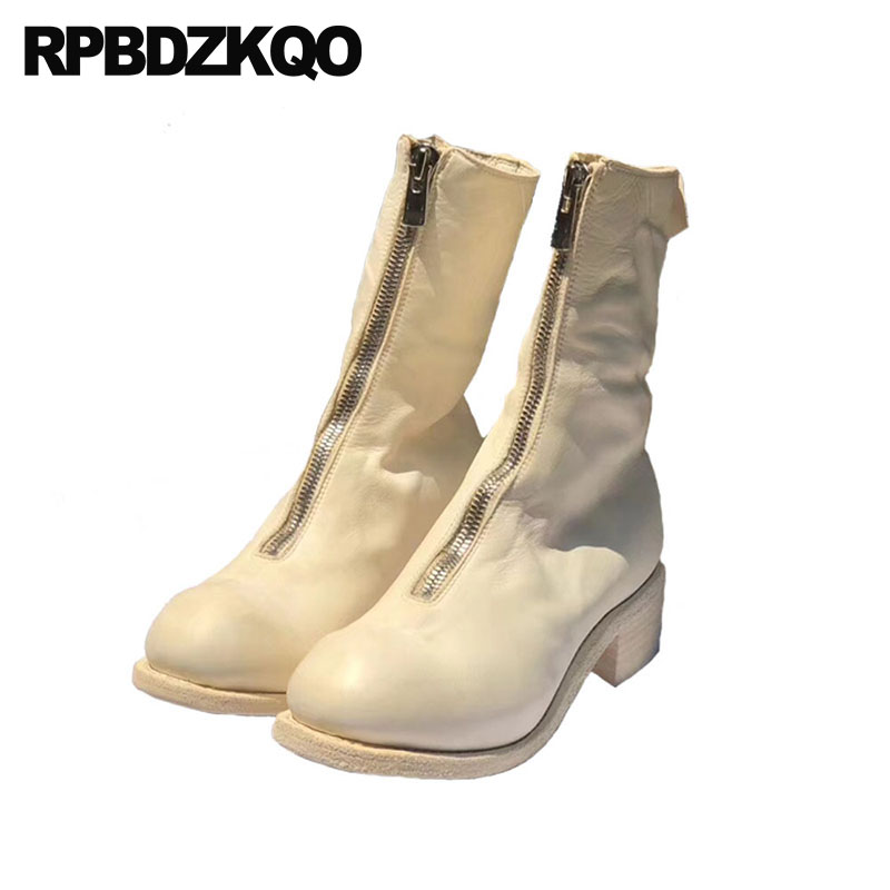 

Fur Round Toe Brand Women Winter Boots Genuine Leather High Heel Quality 2020 Autumn Chunky Fall Grey Mid Calf Tall Shoes White, Black