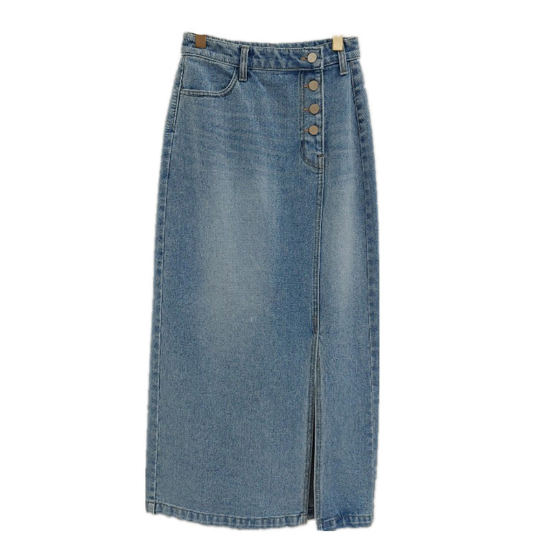 

New Spring and autumn waist high-blue wash side 4 high-pitchfork buttons foreign style simple fine fashion denim middle-length skirt 9A12