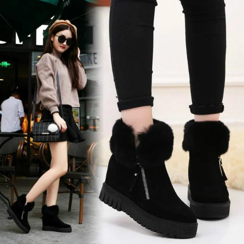 

Platform Women Boots Ankle Snow Boots Increased Internal Wedges Winter Autumn 2020 Fashion Turned-over Faux Suede High Quality1, Black