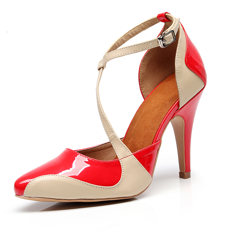 

2021 New Women Pu Latin Woman High Heel Ballroom Salsa Dancing Shoes Party Girls Closed Toe Dance Sandals for Ladies 4s36, Red-11cm