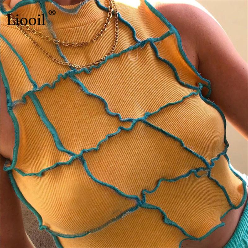 

Liooil Patchwork Knitwear Ribbed Tank Crop Top Women Rave 2020 Streetwear Sleeveless Black Yellow Sexy Short Cami Corset Tops