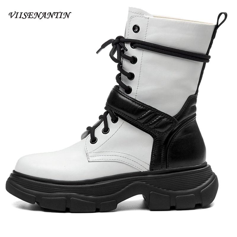 

Thick Sole Winter Chunky Genuine Leather Strappy Platform British Color Block Mid-heel Short Motorcycle Boots Hook Loop Shoes, Microfiber lining