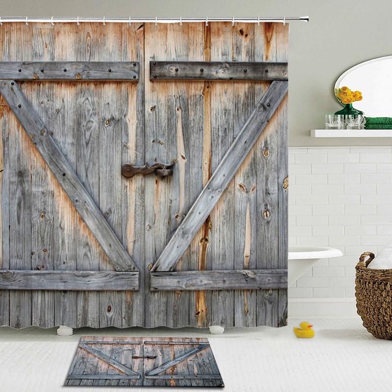 

2Pcs/Set Retro Vintage Style Wooden Door 3D Printing Polyester Waterproof Shower Curtain Bathroom Curtain Anti-slip Mat Door