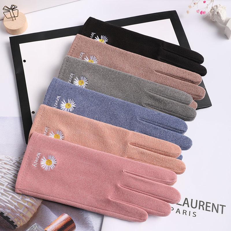 

Touch Screen Mittens Women Winter Gloves Suede Leather Embroidery Warm Mitten Gloves Thickening Driving