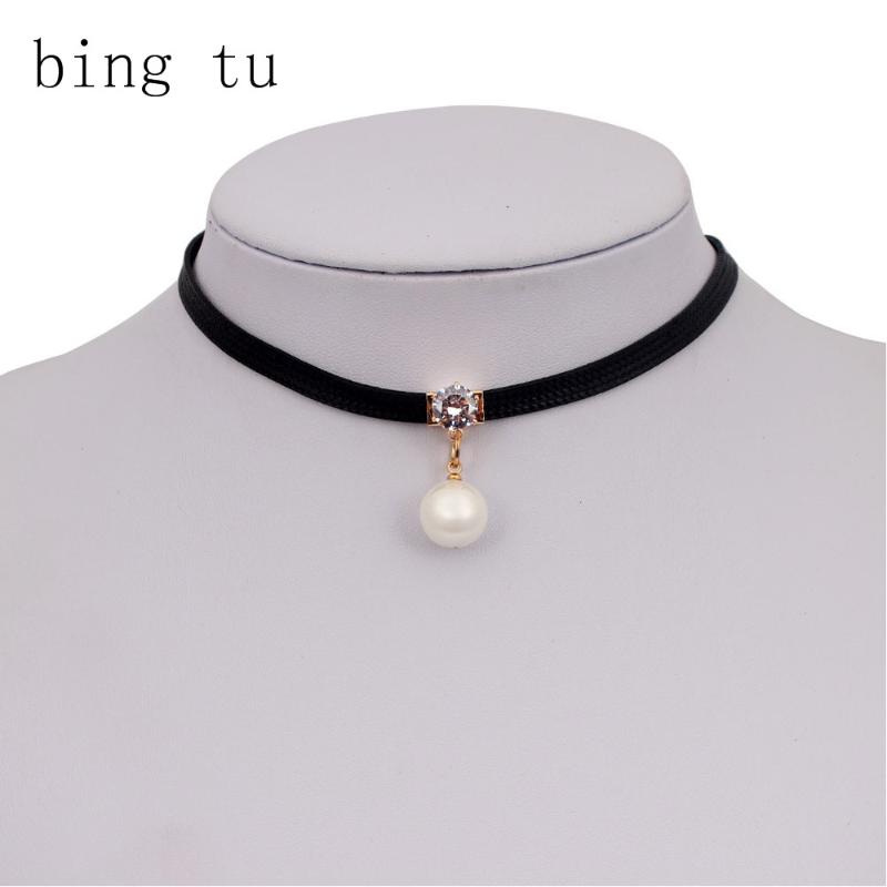 

Bing Tu Simulated Pearl Pendants Necklaces Fashion Punk Black Short Velvet Chokers chockers Women Torques collar collier femme