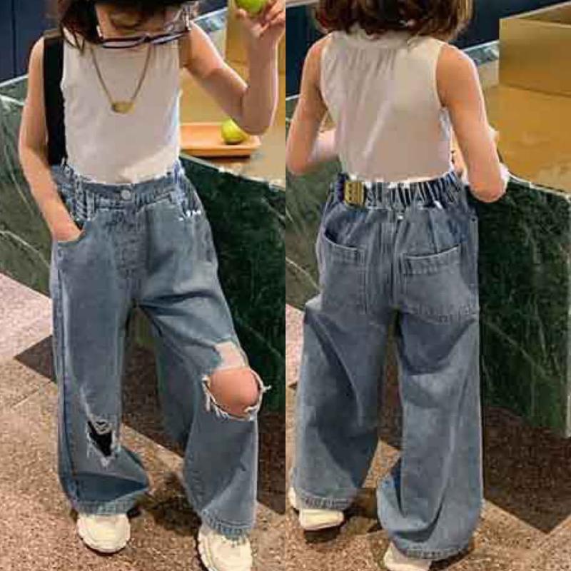 

Jeans Girls Denim Wide-leg Pants 2021 Spring Autumn Loose Girl Bell Bottom Broken Hole Kids, Blue