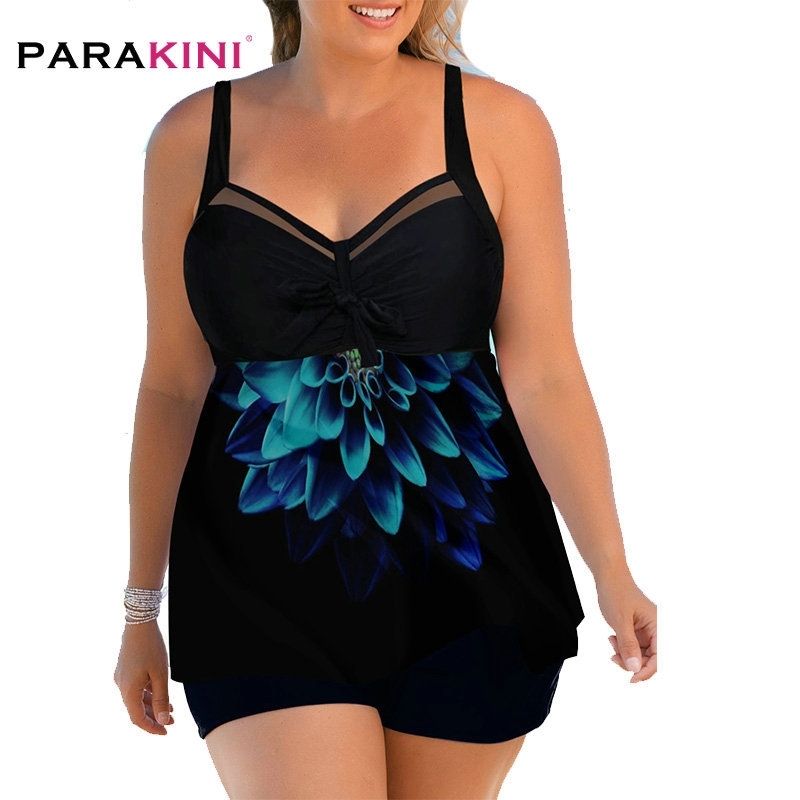 

PARAKINI Plus Size Swimwear Flower Print Open Back Swimdress and Shorts Large Size Swimsuit Women Tankini Beach Wear Bathing Sui Y200319, No2