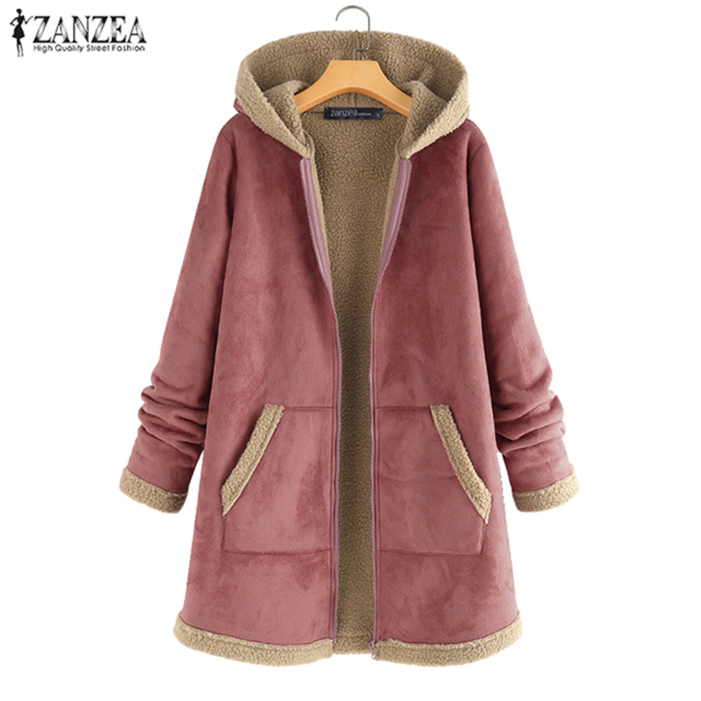 

Patchwork Hooded Coats Women Jackets 2020 Winter Casual Stitching Outwear Female Long Sleeve Fleece Zip Oversized Windbreakers, Pink