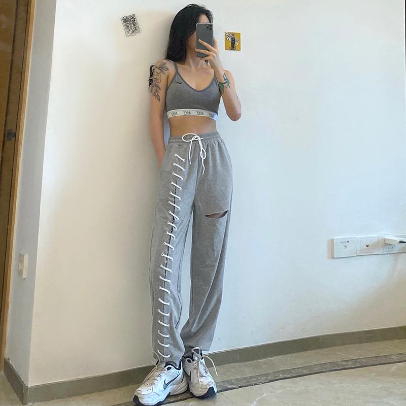 

Hippop street hip-hop style design sense bandage casual trousers women' all-match trousers, Black