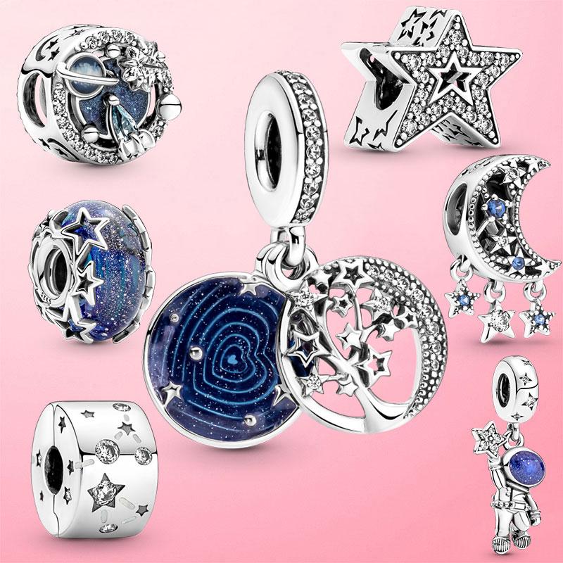 

Other Star Collection 925 Sterling Silver Asymmetric Moon Galaxy Astronaut CZ Dangle Charm Beads Fit Original Bracelet Jewelry