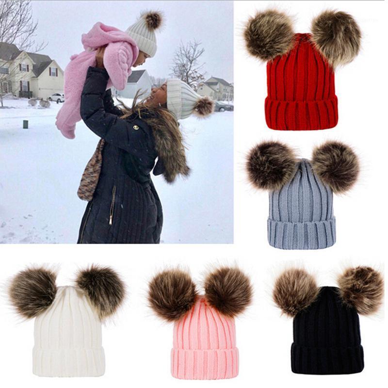 

Mom And Baby Winter Hats Knitting Wool Hemming Fashion Hat Thicken Keep Warm Ball Hat Women Ladies Solid Color Beanies Caps1, White