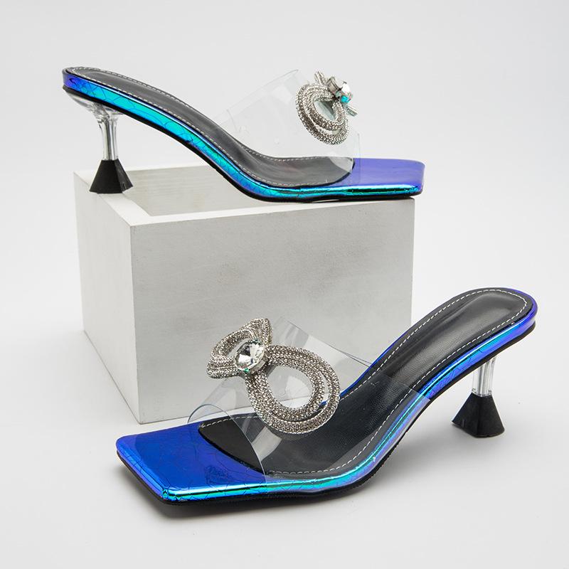 

Summer Women Crystal Bow-knot Slippers Transparent Square Toe Slides Outside Slippers Sexy Women's High Heels Sandals, Blue