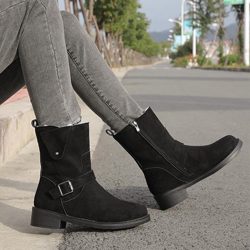 

Plus Size 35-43 Faux Suede Ankle Boots Women Snow Shoes Buckle Motorcyle Boots Plush Warm Botas mujer Low Heel 2020 Winter1, Black