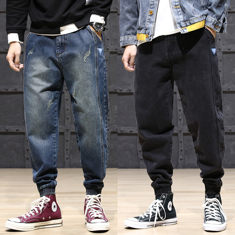 

2021 New Japanese Fashion Loose Fit Spliced Designer Ripped Denim Harem Streetwear Hip Hop Jogger Jeans Men Cargo Pants Ihmm, Blue