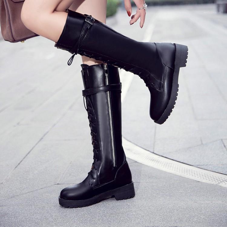 

Big Size 9 10 11 12 boots women woman winter boots women shoes botas Cross strap side zipper round head square heel1, Black leather