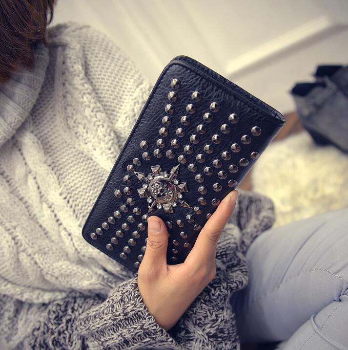 

Factory wholesale women bag personality skeleton punk hand wallet European and American fan rivet fashionable long wallets trend leather, Silver(boutique box)