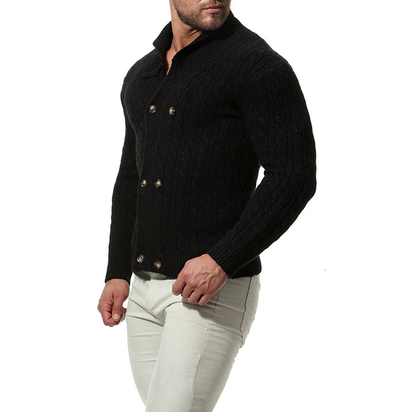 

2021 New Slim Men Knit Lapel Long Sleeve Solid Color Regular Sweater Go0b, Black