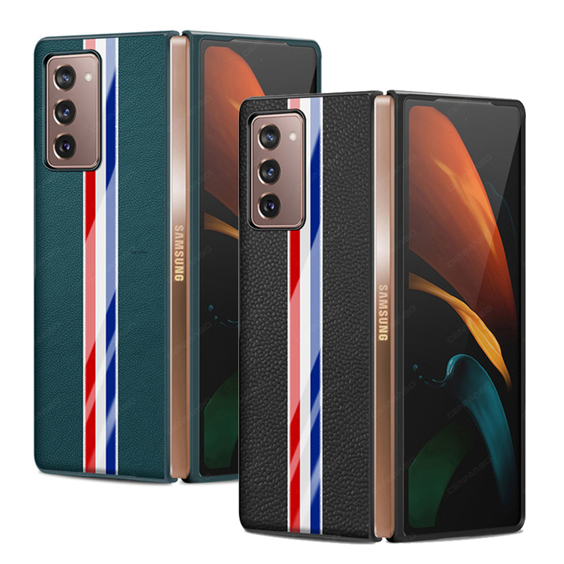 

Fashion Striped Pattern Real Leather Cover For Galaxy Z Fold 2 Genuine Leather Shockproof Back Case For Samsung Fold2 Coque, Vegan leather black