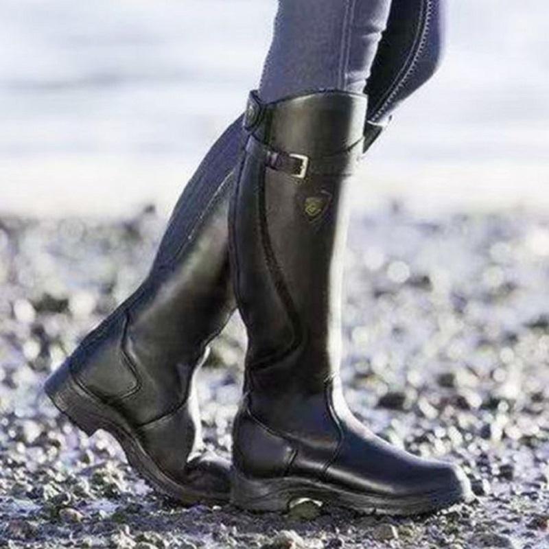 

Women Knee High Boots Pu Leather Buckle Strap Punk Riding Long Boots Autumn Winter Platform Ladies Shoes Plus Size Botas Mujer1, Black