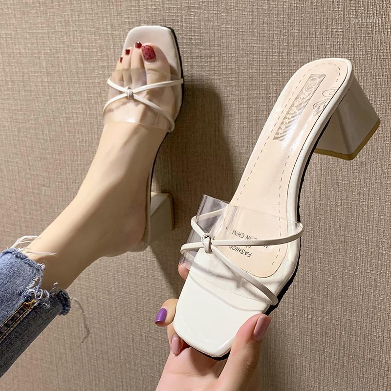 

High Heels Square Heel Celebrity Wearing Simple Style PVC Clear Strappy Buckle Woman Transparent Heels Women Slippers Shoes1, Green