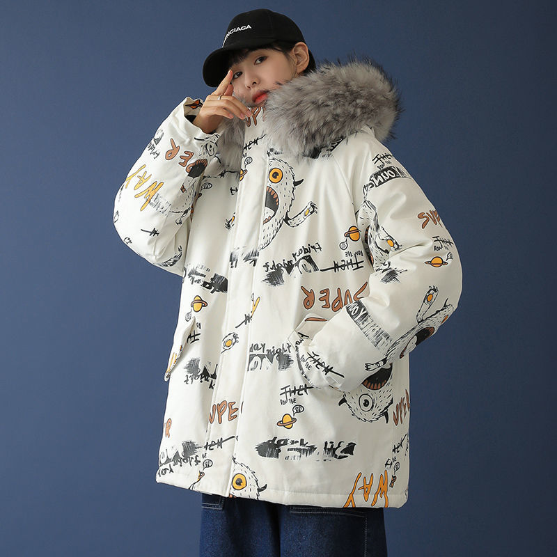 

2021 New Harajuku Winter Women Cartoon Printed Thick Warm Parkas Big Fur Hooded Down Cotton Female Zipper Cold Outwear Xf17