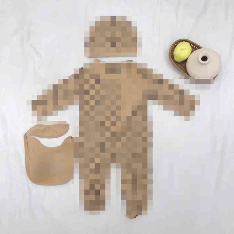 

3pcs/set Children's Winter Long Sleeved Cotton One-piece Jumpsuit Clothes with Button Newborn Baby Hats + Bib + Jumpsuit Three Piece Clothing Set GW4VLAG, Khaki