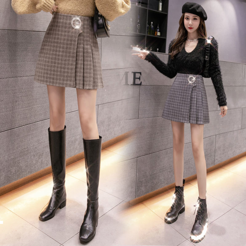 

New autumn 2021 button chess high miniskirt female skirt y376 BQ9X, Unkkaqiseunk