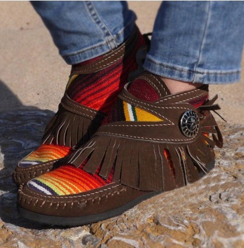 

Women Tassel Stripe Ankle Boots 2020 Women's Sewing Warm Woman Flats Female Shoe Ladies Casual Hook Loops Footwear Plus Size 43, Beige